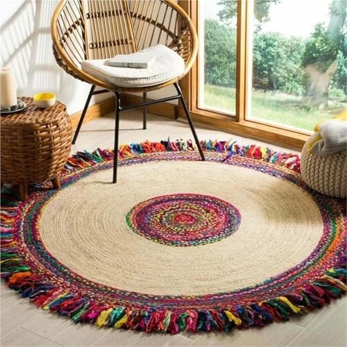 ZythrXLate Jute & Baumwolle Wendbarer runder Dhurrie-Teppich Schlafzimmerdekor Runder Teppich Bodenmatte im Zimmer für Eingangsbereich, Innenbereich(150x150cm) von ZythrXLate