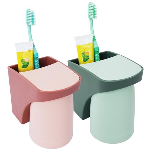 Zythrem 2 Stück Zahnbürstenhalter Zahnputzbecherhalter ohne Bohren Toothbrush Holder Mit Magnetischem Becher Kinder Zahnputzbecher Wand Zahnputzbecher Kunststoff (Grün + Rosa) für Familien von Zythrem
