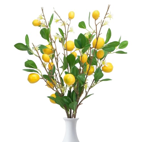 Zythrem 3pc Künstliche Zitronenzweig mit Grünen Blättern Künstliche Blumen Kunstblumen wie echt Zitronenfrüchten für Zuhause Küch Tischdekoration Hochzeit Party Gartendekoration von Zythrem