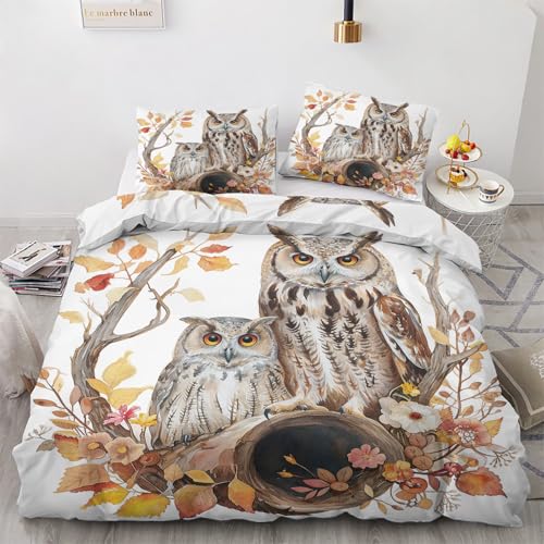 ZyxMehtic Eule im Herbst Bettwäsche 135x200 4teilig, Botanisch und Tier Bettwäsche-Set 135x200, Weich Mikrofaser Wende Bettbezüge 135x200 2er und Kissenbezug 80x80cm 2er mit Reißverschluss von ZyxMehtic