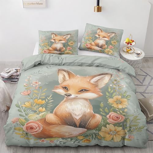 ZyxMehtic Süßer Fuchs Bettwäsche 135x200 4teilig, Blumen Tiere Bettwäsche Set 135x200, Weich Mikrofaser Wende Bettbezüge 135x200 2er und Kissenbezug 80x80cm 2er mit Reißverschluss von ZyxMehtic