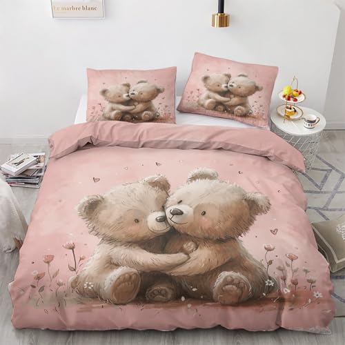 ZyxMehtic Teddy Bär Bettwäsche 135x200 4teilig, Romantisch Tiere Bettwäsche Set 135x200, Weich Mikrofaser Wende Bettbezüge 135x200 2er und Kissenbezug 80x80cm 2er mit Reißverschluss von ZyxMehtic