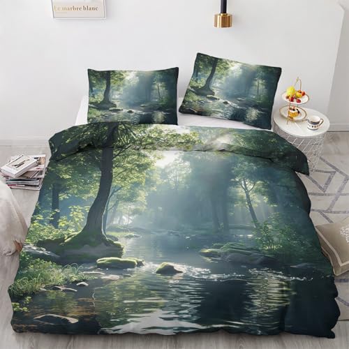 ZyxMehtic Wald Bettwäsche 135x200 4teilig, Wasserfluss Bettwäsche Set 135x200, Weich Mikrofaser Wende Bettbezüge 135x200 2er und Kissenbezug 80x80cm 2er mit Reißverschluss von ZyxMehtic