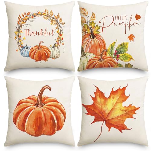 4er Set Herbst Kissenbezug 40x40CM,Dekorative Kissenbezüge Erntedankfest,Kissenbezüge Herbst Outdoor,Leinen Kürbis Ahorn Blätter Überwurf Kissenbezug Für Büro Schlafzimmer Auto Dekoration von a ray of sunshine