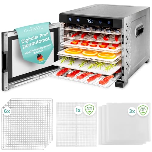 A-rival Dörrautomat | Edelstahl Dörrgerät, Touch Control | Profi Dörrautomat Edelstahl | 24h Timer, 6 Dörrtabletts+3 Dörrmatten, BPA-frei, 35°C bis 75°C | Leiser Betrieb, 360° Airflow von a rival