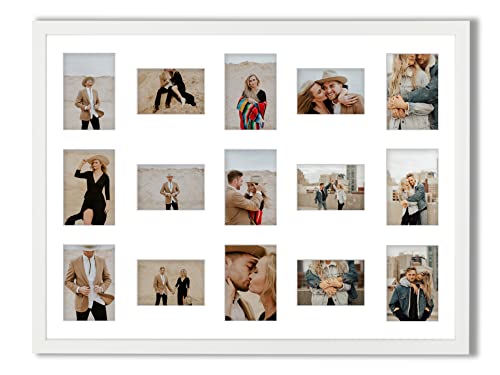 aFFa frames Tisar Bilderrahmen 60x80 cm, Bilderrahmen set mit Acrylglas, photo frame mit Passepartout, 15 Foto-Ausschnitten für 9 Fotos 10x15 cm und 6 Fotos 9x13 cm, Weiß von aFFa frames