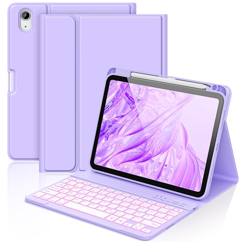 aMZCaSE für iPad A16 10/11th Generation Case mit Tastatur 11/10.9 Zoll(2025/2022),7 Farben Hintergrundbeleuchtung Abnehmbare Drahtlose Tastatur Cove mit Stifthalter für New iPad 11th Gen (Hellviolett) von aMZCaSE
