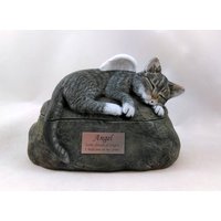 Keramik Gravierte Gemalte Kurzhaarkatze Urne Mit Kunststoff Namensschild-Handgemachte Haustier von aarceramics