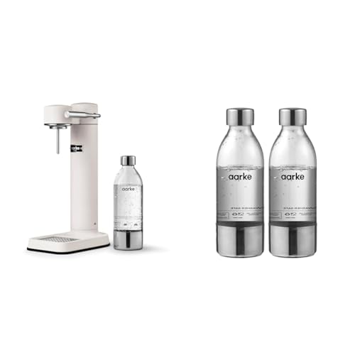 Aarke Carbonator 3, Premium Wassersprudler aus Edelstahl mit Aarke Flasche, Mattweiß Finish & AASPB1 Steel Pet Wasserflaschen, Edelstahl, 2er Pack von aarke