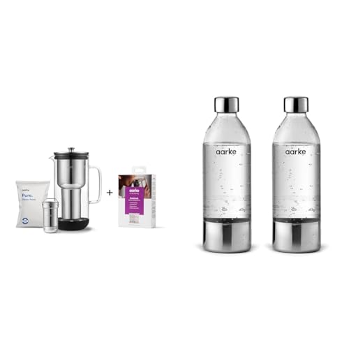Aarke Purifier, Wasserfilterkaraffe aus Glas und Edelstahl & 2er-Pack PET-Flaschen für Wassersprudler Carbonator 3, BPA-frei mit Details in Edelstahl, 800ml, AASPB1-STEEL von aarke