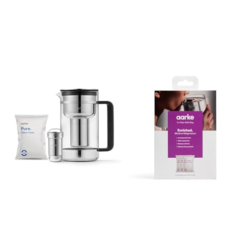 Aarke Purifier Groß, Wasserfilterkaraffe aus Glas und Edelstahl, 2.8L & 3er-Pack Enriched Filter Nachfüllbeutel – Erhöht den pH-Wert von aarke