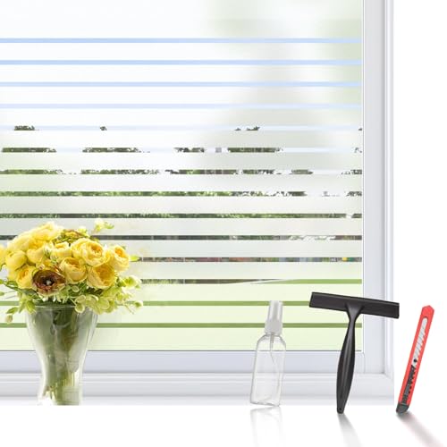 aboveBED Fensterfolie Sichtschutz mit Streifen 90x400cm, statisch milchglasfolie selbstklebend, Blickdicht Klebefolie für Büro Bad Wohnzimmer von aboveBED