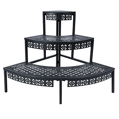 aboxoo 3-stöckiger Pflanzenständer, Blumentopfregal, Metall, Treppenstufen-Stil, Eckregal, Pflanzgefäße, viertelrunder Displayhalter für den Innen- und Außenbereich (schwarz, Halbkreis) von aboxoo