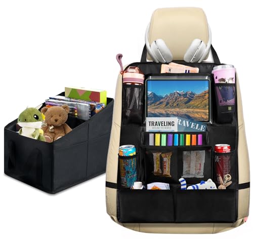absolove 2er Rückenlehnenschutz Auto Kinder,1 Sitzschoner Auto Rückenlehne + 1 Autositz Organizer,Premium Sitz Organizer Auto Kinder mit 10 Zoll Tablet-Tasche,Sitzschutz Rückenlehne Zur Aufbewahrung von absolove
