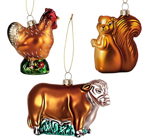 absolove 3X Handbemalte Christbaumschmuck Glas,Hochwertige Mundgeblasener Weihnachtsbaumschmuck aus Glas,10CM Tier Weihnachtsschmuck aus Echtem Glas,Lustige Weihnachtskugeln(Eichhörnchen,Kuh,Huhn) von absolove