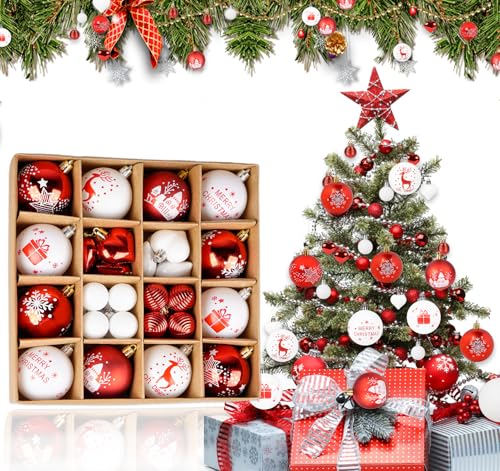 absolove 36 Stück Weihnachtskugeln Weiß + Rot Set, Christbaumkugeln Kunststoff in Vielen Größen 6CM/4CM/3CM, Premium Weihnachtsbaumkugeln Deko mit persönlicher Gravur für die Weihnachtsdekoration von absolove