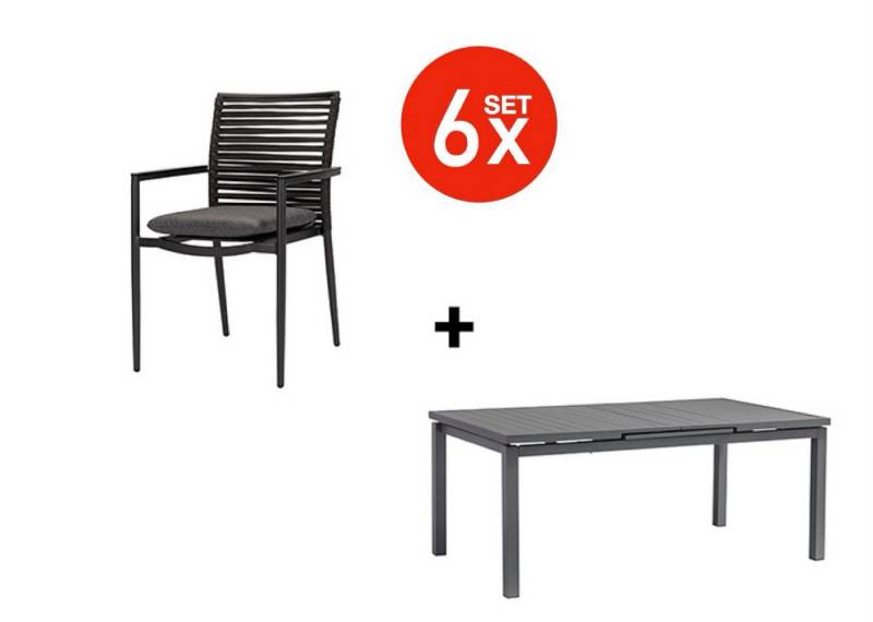 acamp Garten-Essgruppe 7-teiliges Stapelstuhl Set New Jersey inkl. ausziehbarer Tisch, (Gartenmöbel Set), stapelbar, Sitzgruppe, Lounge-Set, Gartentisch 180 -240x110x70 cm von acamp