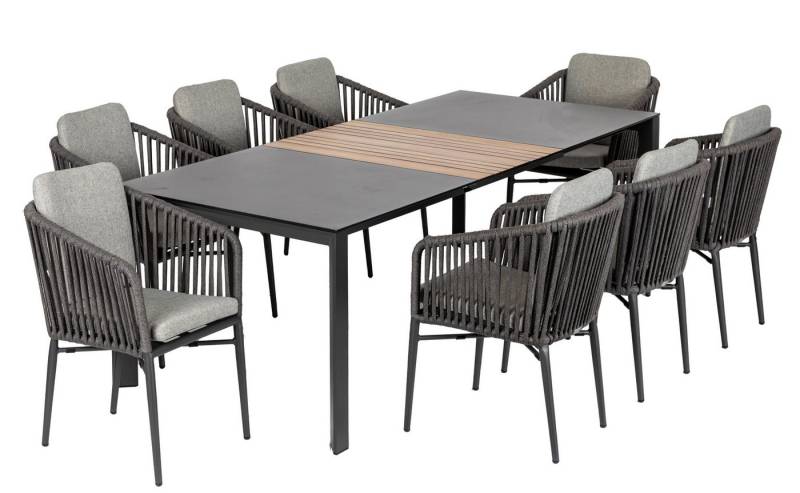 acamp Garten-Essgruppe Stapelstuhl Set Manhattan inkl. ausziehbarer Tisch Woody, (Gartenmöbel Set), stapelbar, Sitzgruppe, Lounge-Set mit Gartentisch 180-246x110x77cm von acamp