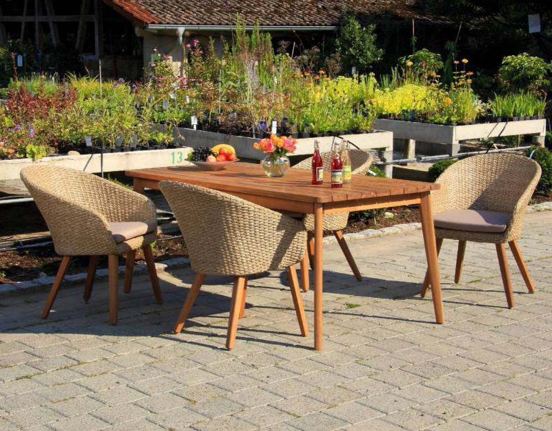 acamp Garten-Essgruppe 5-teiliges Gartensessel Set Atacama inkl. Holztisch, (Gartenmöbel Set), Korbstuhl, Rattan, Sitzgruppe, Lounge-Set mit Gartentisch 180x90x76 cm von acamp