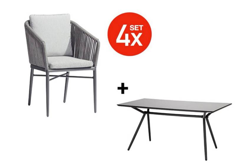 acamp Garten-Essgruppe 5-teiliges Stapelstuhl Set Manhattan inkl. Tisch mit Glasplatte, (Gartenmöbel Set), stapelbar, Sitzgruppe, Lounge-Set mit Gartentisch 160 x 80 cm von acamp