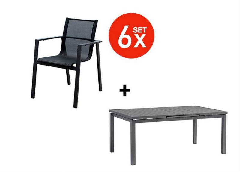 acamp Garten-Essgruppe 7-teiliges Stapelstuhl Set Hollywood inkl. ausziehbarer Tisch, (Gartenmöbel Set), stapelbar, Sitzgruppe, Lounge-Set, Gartentisch 180 -240x110x70 cm von acamp