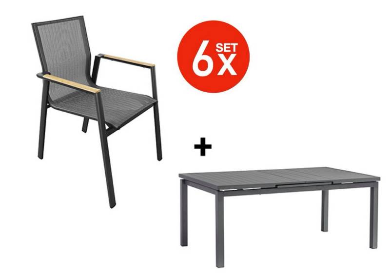 acamp Garten-Essgruppe 7-teiliges Stapelstuhl Set Vegas inkl. ausziehbarer Tisch Chicago, (Gartenmöbel Set), stapelbar, Sitzgruppe, Lounge-Set, Gartentisch 180 -240x110x70 cm von acamp