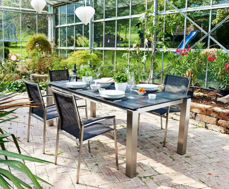 acamp Garten-Essgruppe Stapelstuhl Set Auris inkl. Tisch mit Keramikplatte, (5-tlg., Gartenmöbel Set), stapelbar, Sitzgruppe, Lounge-Set mit Gartentisch von acamp
