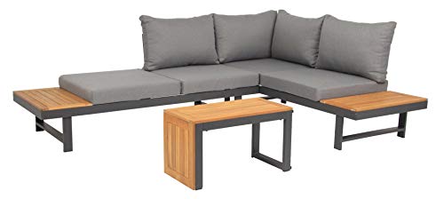 Acamp Lounge Gartenmöbel Set Shadow (3-teilig) | Wetterfestes Garten-Lounge Set aus Aluminium-Gestell & FSC-zertifiziertem Akazien-Holz | Modernes Garten Loungemöbel Set mit bequemen Kissen, Anthrazit | Teakfarben | Grau von acamp