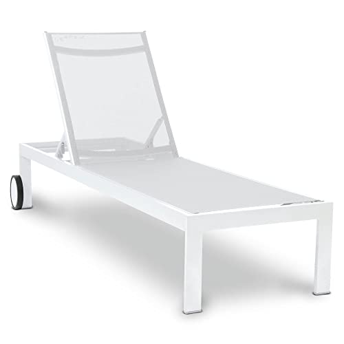 acamp Sonnenliege mit Rollen | Optimaler Komfort durch verstellbare Rückenlehne | Atmungsaktives Gewebe | Leichtes Aluminium-Gestell | Gartenliege wetterfest | Relax-Liege in Snow-Weiß von acamp