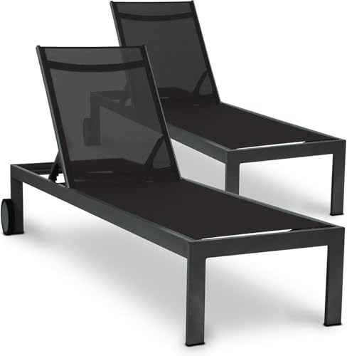 acamp Sonnenliege wetterfest Rimini 2er-Set | Verstellbare Rückenlehne | Aluminium-Gestell mit 2 Rollen | Bezug aus atmungsaktivem Gewebe | Gartenliege mit hohem Liegekomfort | Anthrazit von acamp