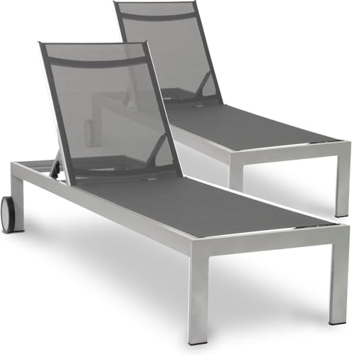 acamp Sonnenliege wetterfest Rimini 2er-Set | Verstellbare Rückenlehne | Aluminium-Gestell mit 2 Rollen | Bezug aus atmungsaktivem Gewebe | Gartenliege mit hohem Liegekomfort | In Platin von acamp