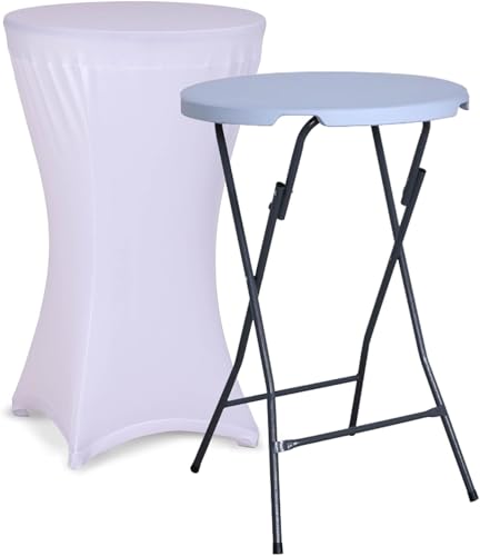acamp Steh-Tisch Klappbar 80 cm Mit Husse in Weiß | Outdoor-Geeignet & Wetterfest Beschichtet | Bar-Tisch Mit Pflegeleichtem Stahlrohr-Gestell | Klappbar Rund | Garten Silber-Grau von acamp