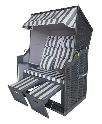 acamp Strandkorb | FSC-zertifiziertes Tannenholz | Rattan grau | Innenbespannt, farbig geölt | Max. Tragfähigkeit 250kg | Flaches FlexMesh | Stoff Weiss/blau gestreift | 110x81x160cm von acamp