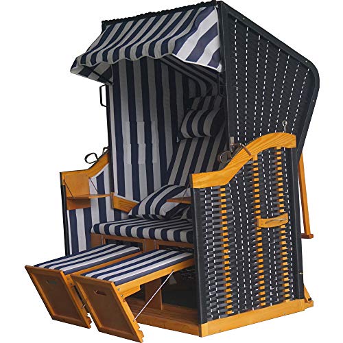 acamp Strandkorb wetterfest Sylt | Optimaler Sitzkomfort Dank Verstellbarer Rückenlehne, Fußhockern & Dach | Strandkorb 2-Sitzer aus FSC®-zertifiziertem Holz | Kissen blau-weiß gestreift von acamp