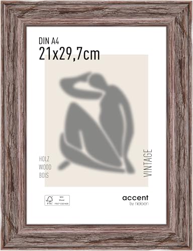 accent by nielsen Bilderrahmen, 21 x 29,7 cm (A4), Holz, Braun, Dokumentenrahmen zum Aufhängen im Hoch- & Querformat, Echtglas, Vintage von accent by nielsen