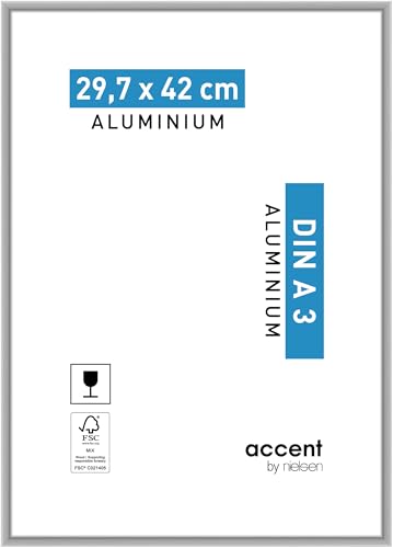 accent by nielsen Bilderrahmen, 29,7 x 42 cm (A3), Aluminium, Silber matt, Posterrahmen zum Aufhängen im Hoch- & Querformat, Echtglas, Accent von accent by nielsen