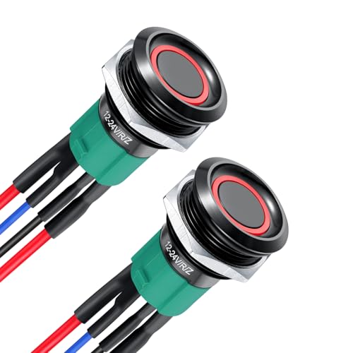 acegoo 19mm 12V Schalter Aluminium Druckschalter Rund 10A EIN/AUS SPST 12V/24V Taste vorverdrahtete Kabel für Wohnmobil Boot LKW Auto, Rotes Ringlicht (2Pcs, Schwarz) von acegoo