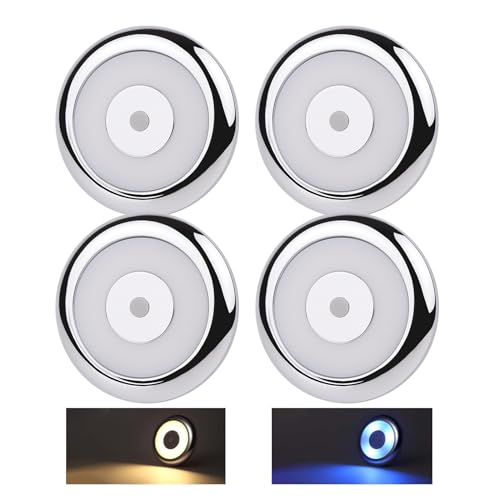 acegoo 12V LED Deckenleuchte Wohnmobil Lampen Zwei Farbe (3000K/Blaues Nachtlicht) mit Dimmschalter für Boot Yacht Wohnwagen Camper, PC-Material Dimmbar Aufbauleuchte 4Pcs Chrom Innenbeleuchtung von acegoo