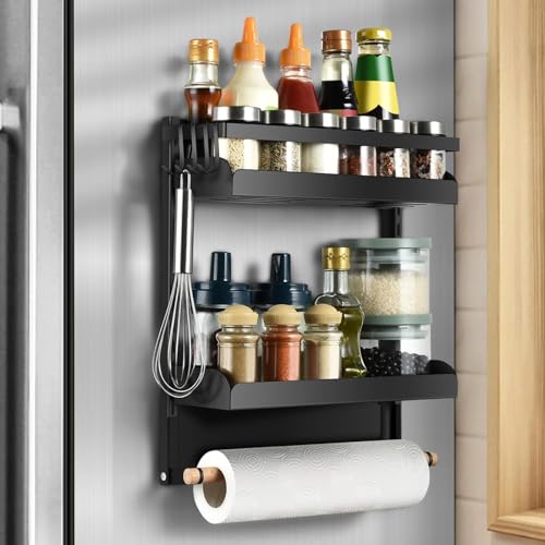 aceyoon Magnet Regal Kühlschrank, 2 Etagen Kühlschrank Regal Hängeregal für Kühlschrank Magnet Gewürzregal mit 4 Haken Küchen Organizer und Papierhandtuchhalter für Gewürze, Gläser von aceyoon