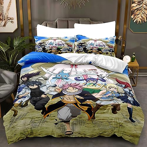 acsewater Fairy Tail 3-teiliges Bettwäscheset - Fairy Tail Anime Einzel- oder Doppelbettwäscheset mit Steppdecke und Kissenbezügen von acsewater
