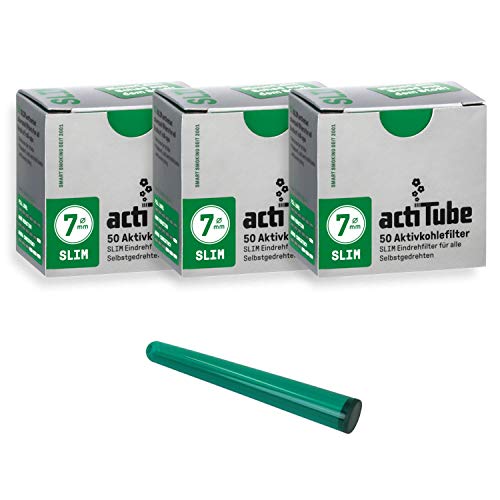 actiTube kogu Set Slim Aktivkohlefilter, 7,1 mm, 150 Stück, 3 Packungen mit je 50 Filtertips - inkl. Hülle von actiTube