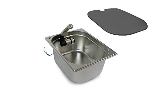 Edelstahl Spülbecken Camping Spüle Waschbecken + Ablauf 19mm Waeco + 12V Automatikwasserhahn Barwig schwarz/chrom + Spülbeckenabdeckung Anthrazit passend (Maße Spüle:325x265x150 mm) (ad-ideen) von ad-ideen