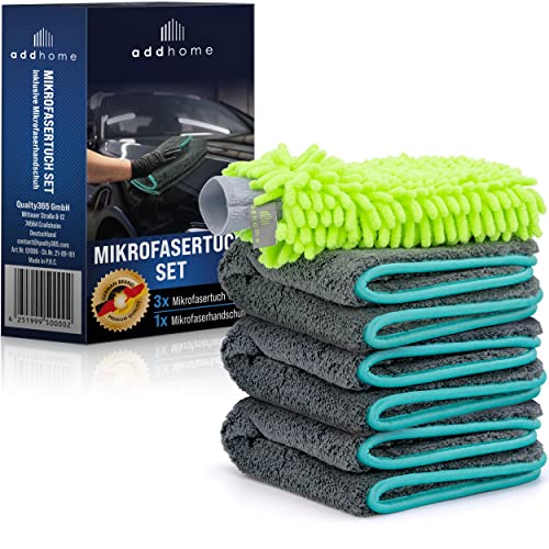 addhome Auto-Mikrofasertücher 1200 GSM für Auto und Haushalt, Reinigungsset aus 3X Mikrofasertuch 40 x 40 cm und Mikrofaser-Handschuh – kratzfrei, fadenfrei, extra saugstark und lackschonend von addhome