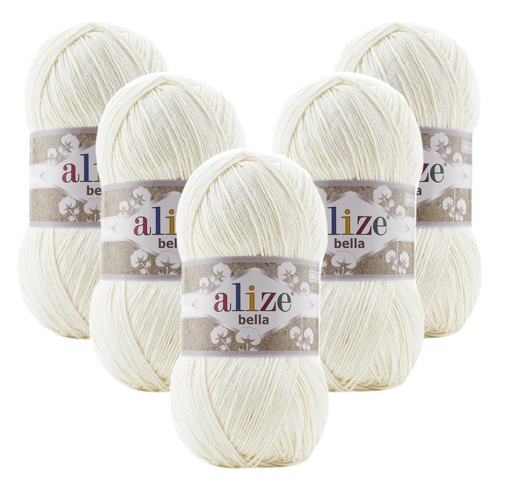 addi 5 x ALIZE Bella 100 62 Light Cream Häkelwolle, 360 m, Baumwollegarn, Stickgarn,100 % Baumwolle, Strickwolle von addi