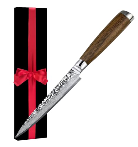 adelmayer® Damastmesser - Allzweckmesser scharf (Klinge: 13 cm) aus japanischem Damast-Stahl geschliffen - edles Damast-Küchenmesser mit Walnussholz-Griff und hochwertiger Geschenkbox (Ohne Extras) von adelmayer