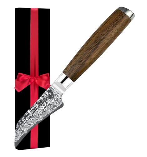 adelmayer® Damastmesser - Tourniermesser (Schälmesser gebogen) mit Vogelschnabel-Klinge (7,5 cm) & Holz-Griff - scharfes Obstmesser & Gemüsemesser aus japanischem Damast-Stahl in Papiergeschenkbox von adelmayer