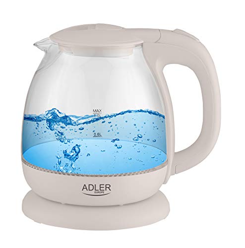 adler AD 1238 Elektrischer Wasserkocher aus Glas, klein, 1 l, 1100 W, LED-Beleuchtung, 1 Liter, Beige von ADLER