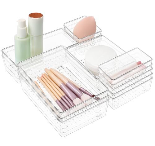 adorbox 15Pcs Stücke Schubladen Organizer mit 5 Größen Klar Kunststoff Organizer Schubladentrenner Desktop-Tabletts Schubladen Ordnungssystem für Kosmetik Schminktisch Schreibtisch Büro Bad Küche von adorbox
