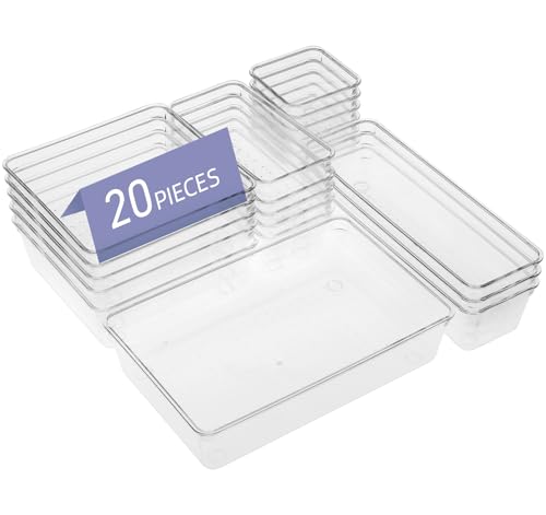 adorbox 20 Stücke Schubladen Organizer Set mit 5 Größen, Kristallklare Aufbewahrungsboxen mit Anti-Rutsch Design, Stapelbare Schminktisch Organizer für Kosmetik, Büro, Bad, Küche & Schreibtisch von adorbox