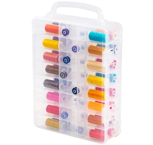 adorbox Nähgarnbox mit Griff, Doppelseitige 48 Fächer Aufbewahrungsbox, Transparente Kunststoffbox für Stickgarne, Nähzubehör, Schmuck, Bastelbedarf (34,5 x 26,5 x 9 cm) von adorbox